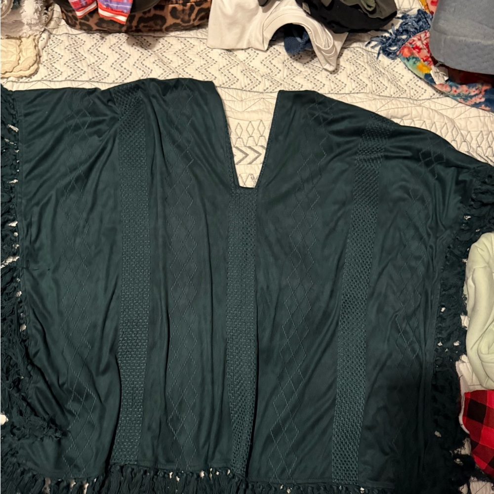 Dark Green Fringed Poncho size M/L